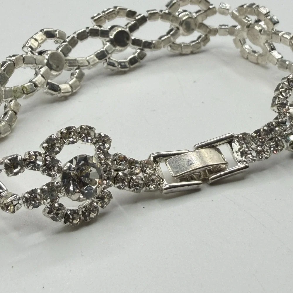Clear Rhinestone Silver Tone Floral Link Bracelet Bridal Statement Jewelry Gift